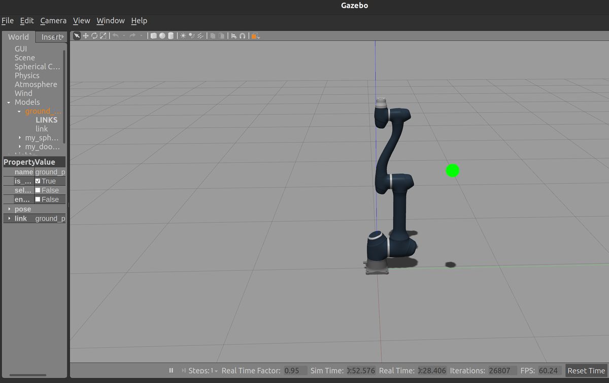 Custom RL environment: robotic arm and green target sphere in Gazebo