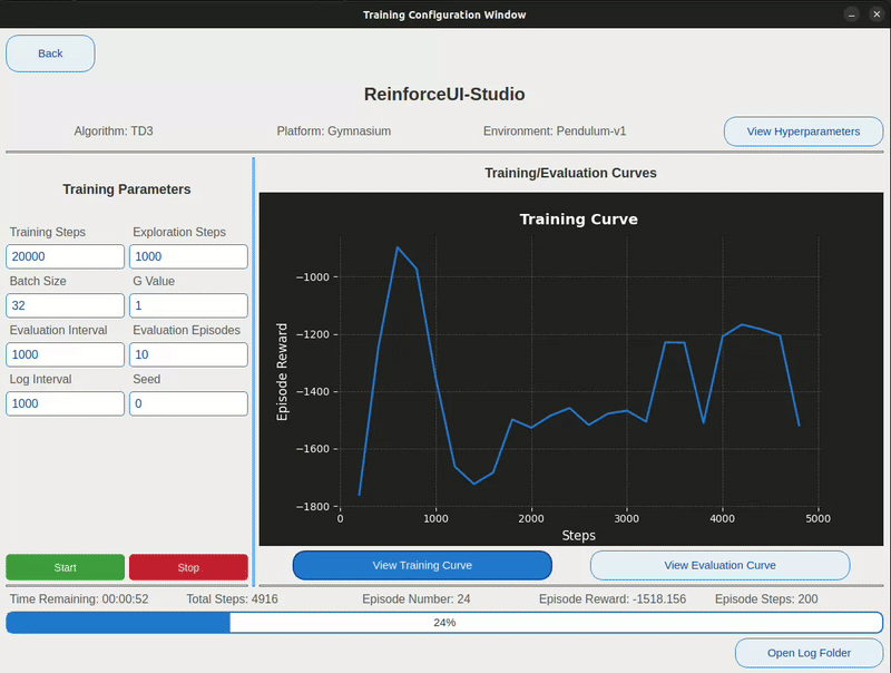 ReinforceUI-Studio training configuration window